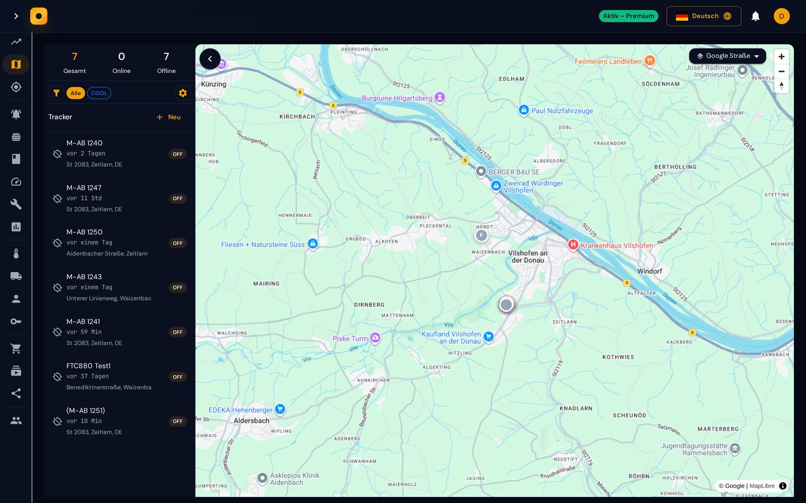 Live-Karte mit Fahrzeug-Pins in der Region Vilshofen